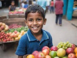 "A teenage boy selling fruits at a street stall in a busy African city."
