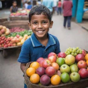 "A teenage boy selling fruits at a street stall in a busy African city."