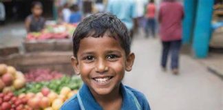 "A teenage boy selling fruits at a street stall in a busy African city."