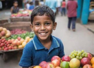 "A teenage boy selling fruits at a street stall in a busy African city."