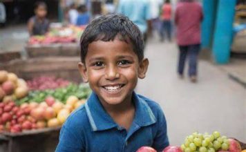 “How is it that people with little formal education become more successful than those who have advanced degrees?” "A teenage boy selling fruits at a street stall in a busy African city."