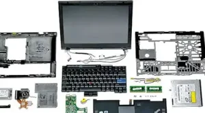 Exploded view of a laptop with all major parts labeled (screen, battery, motherboard, etc.)